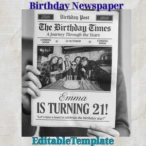 May include: A black and white birthday newspaper design. The headline reads "The Birthday Times" with the text "Emma IS TURNING 21!" and a photo of a group of people. The words "Birthday Newspaper" and "Editable Template" are also visible.