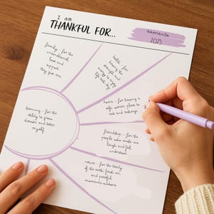 Può includere: Un foglio di carta bianco con il testo "I am THANKFUL FOR..." e un disegno viola. Sul foglio si sta scrivendo con una penna viola. Il testo include "famiglia", "apprendimento", "salute", "casa", "amicizia" e "natura".