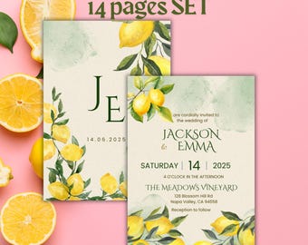 Editable Lemon Wedding Invitation Set: Sicilian Greenery, Canva Template (Digital Download)