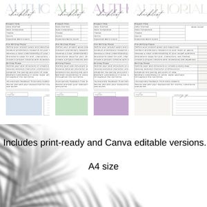 May include: Printable writing checklist templates in various pastel colors. Each checklist includes sections for project title, dates, theme, and writing phases. The image also includes the text: Includes print-ready and Canva editable versions. A4 size.