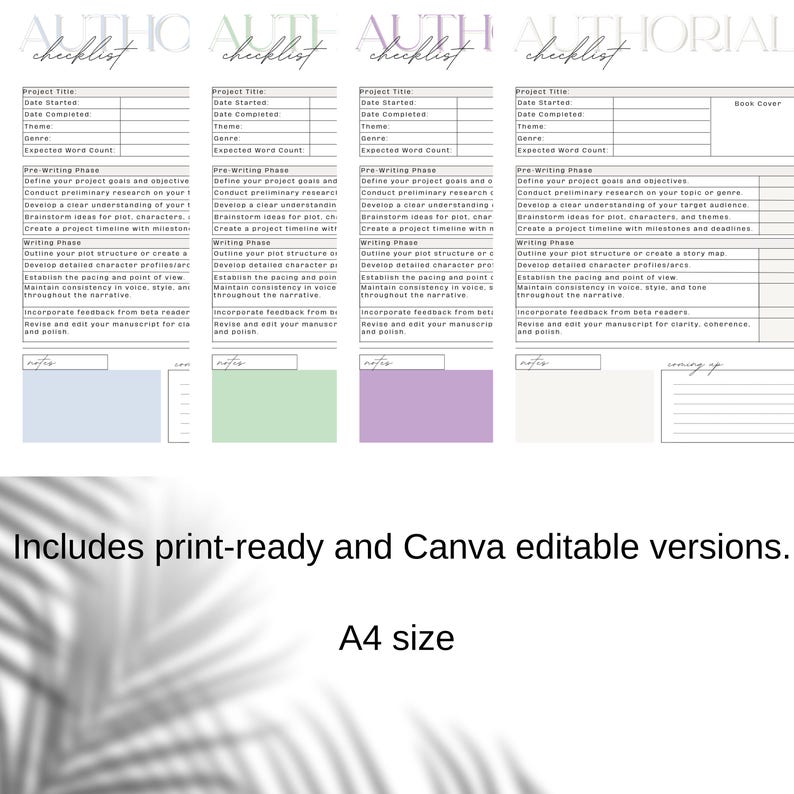 May include: Printable writing checklist templates in various pastel colors. Each checklist includes sections for project title, dates, theme, and writing phases. The image also includes the text: Includes print-ready and Canva editable versions. A4 size.