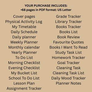 Może przedstawiać: Beżowa lista produkt&oacute;w do pobrania cyfrowego z tekstem "YOUR PURCHASE INCLUDES:" i listą element&oacute;w, w tym "Cover pages", "Daily Schedule", "Weekly Planner", "To Do List" i "Assignment Tracker". Tekst zawiera r&oacute;wnież "68 pages in PDF format: US Letter".