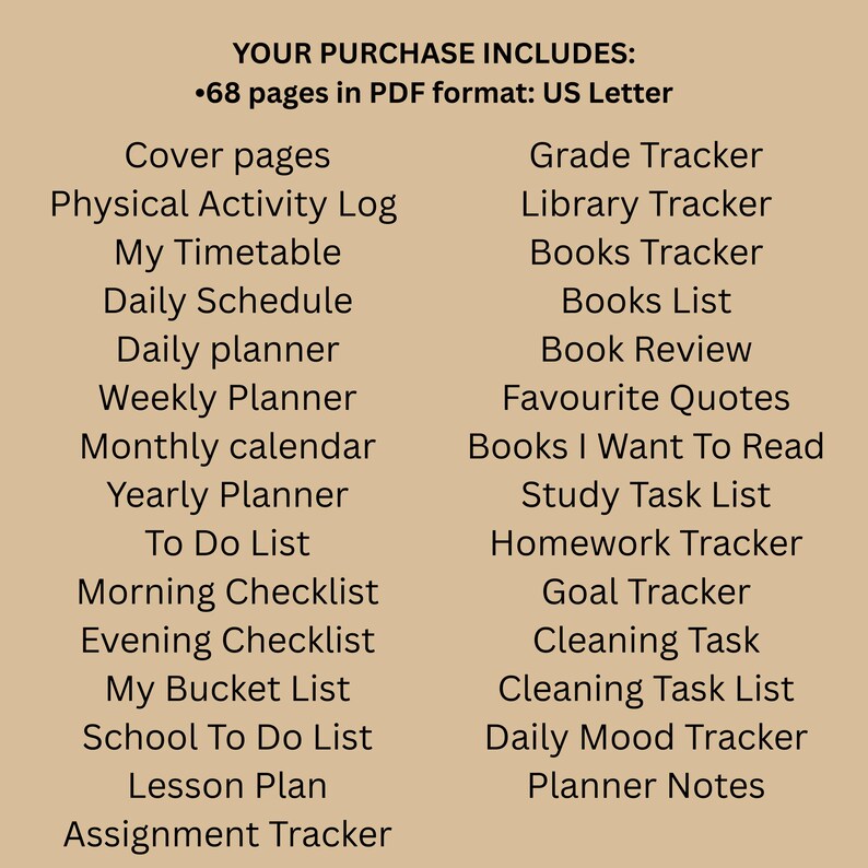 Może przedstawiać: Beżowa lista produkt&oacute;w do pobrania cyfrowego z tekstem "YOUR PURCHASE INCLUDES:" i listą element&oacute;w, w tym "Cover pages", "Daily Schedule", "Weekly Planner", "To Do List" i "Assignment Tracker". Tekst zawiera r&oacute;wnież "68 pages in PDF format: US Letter".