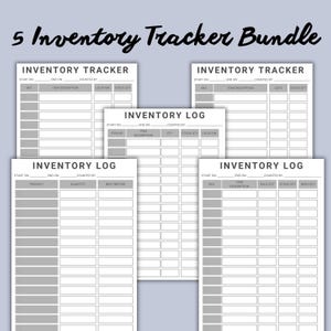 Könnte beinhalten: Ein Bündel von fünf Inventar-Tracker- und Logbuchvorlagen. Die Vorlagen sind weiß mit grauen Rasterlinien und Überschriften. Der Text "5 Inventory Tracker Bundle" steht oben. Die Vorlagen enthalten Felder für Artikelbeschreibung, Menge und Standort.