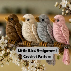 Op de afbeelding: Vier gehaakte vogels in bruin, crème, grijs en roze zitten op een bruine tak met witte bloemen. Elke vogel heeft een gele snavel en zwarte ogen. De tekst "Little Bird Amigurumi Crochet Pattern" staat eronder.