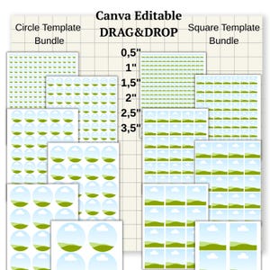 May include: A Canva editable template bundle featuring circle and square designs. The image includes various sizes, from 0.5" to 3.5", with a grid background. The designs include green landscapes and patterns, perfect for drag and drop customization.