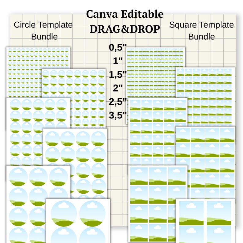 May include: A Canva editable template bundle with circle and square designs. The image shows sizes from 0.5" to 3.5", with a grid background. The designs include green landscapes and patterns, ideal for drag and drop customization.