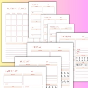 May include: A collection of undated planner pages with a soft pink and white color scheme. The pages include sections for daily, weekly, and monthly planning, with spaces for notes, workouts, and water intake. The text includes "Month at a Glance" and days of the week.