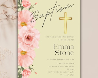 Floral Girl Baptism Invitation Template: Elegant Christening Invite (Digital Download, 5x7in Canva Editable Design