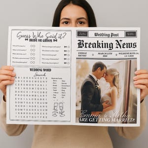 May include: A newspaper-style wedding announcement with the headline "Breaking News." The announcement includes a photo of a couple, wedding-themed word search, and "Guess Who Said It?" game. The text reads "Emma & Methu are getting married!"