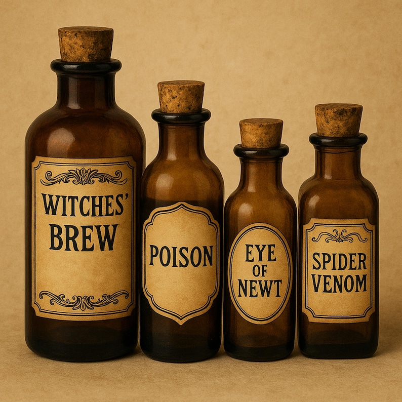 May include: Four brown glass apothecary bottles with cork stoppers. Each bottle has a label with text: "Witches' Brew", "Poison", "Eye of Newt", and "Spider Venom". The labels are aged and vintage-looking.