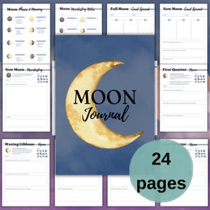 May include: A moon journal with a watercolor crescent moon design on a dark blue background. The journal is surrounded by pages detailing moon phases, manifesting notes, and card spreads. The journal has 24 pages.