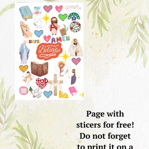 May include: A sheet of religious stickers featuring images of Jesus, crosses, doves, hearts, and the words "Believe" and "Amen." The image includes text that says "Free gift in one PDF file!" and "Page with stickers for free!"
