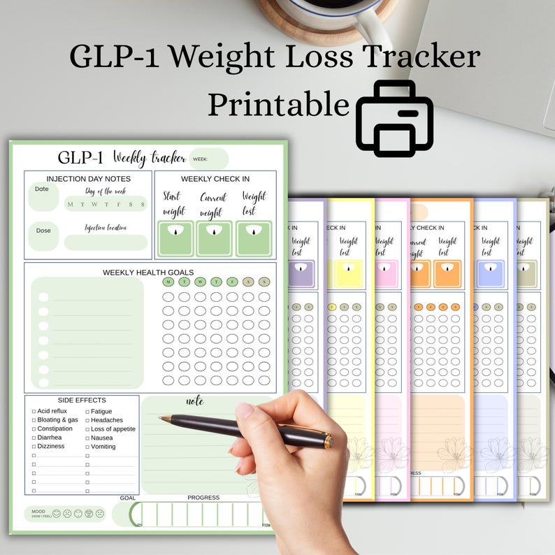 May include: A printable GLP-1 weight loss tracker with a weekly layout. The design includes sections for injection day notes, weekly check-ins, health goals, and side effects. The tracker is available in multiple colors and includes the text "GLP-1 Weight Loss Tracker Printable."