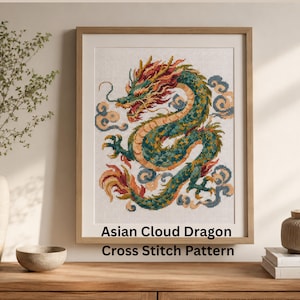 May include: A framed cross stitch pattern featuring an Asian cloud dragon in shades of green, red, and yellow, surrounded by stylized blue clouds. The text "Asian Cloud Dragon Cross Stitch Pattern" is printed clearly below the artwork.