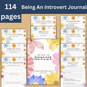 May include: A Being An Introvert Journal with 114 pages. The journal features floral watercolour designs and prompts for self-reflection. Pages include sections on social situations, energy levels, and personal boundaries. The cover reads "Being An Introvert Journal."