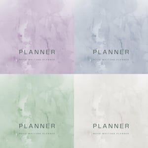 May include: Four watercolor-style planners in shades of purple, blue, green, and white. Each planner has the word "PLANNER" in a sans-serif font, with "BOOK WRITING PLANNER" below it.