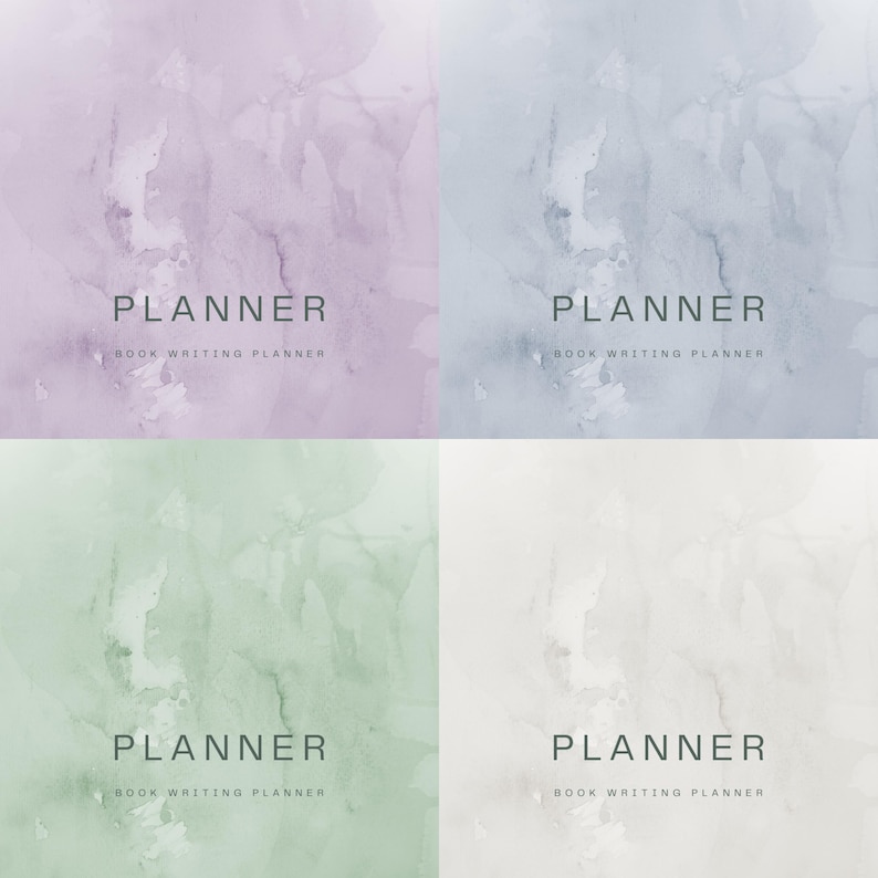 May include: Four watercolor-style planners in shades of purple, blue, green, and white. Each planner has the word "PLANNER" in a sans-serif font, with "BOOK WRITING PLANNER" below it.