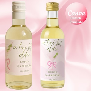May include: Two small wine bottles with labels that read "a tini bit older" and "Emma's 21st BIRTHDAY". The labels feature a martini glass illustration with olives and a pink bow. The bottles have gold and white caps.