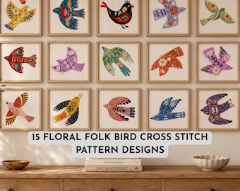 15 Floral Folk Bird Cross Stitch Pattern Designs, Colorful Nature Modern Cross Stitch Sampler, Folk Bird Embroidery PDF Template