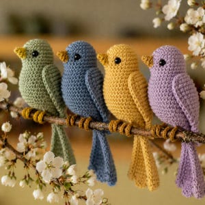 May include: Four crocheted birds in shades of green, blue, yellow, and purple perch on a brown branch. Each bird has a contrasting yellow beak and black eyes. The branch is adorned with brown yarn and set against a backdrop of white flowers.