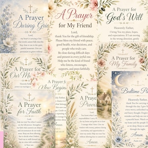 May include: A collection of rectangular prayer cards featuring floral borders and religious text. Titles include A Prayer During Grief, A Prayer for My Friend, A Prayer for God's Will, A Prayer for Our Marriage, A Prayer for Faith, and Bedtime Prayer.