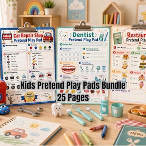 Könnte beinhalten: Ein Set aus drei Klemmbrett-Spielblöcken mit den Titeln Car Repair Shop, Dentist und Restaurant. Jeder Block enthält farbenfrohe Illustrationen, Checklisten und Aktivitätsbereiche für Rollenspiele. Das Set umfasst insgesamt 25 Seiten.