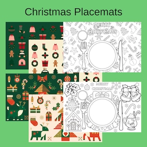 Op de afbeelding: Kerst placemats met feestelijke ontwerpen. Eén placemat heeft een zwart-witte omtrek van een gedekte tafel met de woorden "Merry Christmas". Andere placemats hebben herhalende patronen van kerstversieringen, cadeaus en peperkoekenmannetjes.