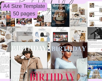 May include: A digital magazine template with a birthday theme. The design includes multiple pages with photos, text, and layouts. The text includes "Birthday Magazine", "A4 Size Template", and "50 pages". The magazine features sections for outfits, favorite shows, and memories.