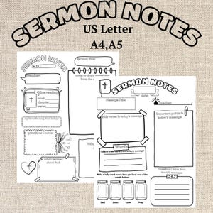 May include: Black and white sermon notes template with the text "SERMON NOTES" at the top. The template includes sections for date, preacher, Bible reading, message title, and notes. It also has space for tally marks for the words God, Jesus, Love, and Pray.