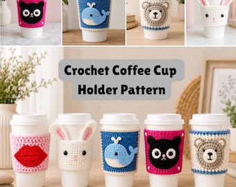 Crochet Coffee Cup Holder Pattern, Different Crochet Animals Chunky Cup Holders, Cute Animals Yarn Mug Sleeve, Ice Coffee Cup Holder Gift