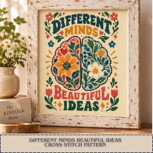 Op de afbeelding: Een kruissteekpatroon in een verweerde witte lijst met een illustratie van een brein verdeeld in een roze bloemrijke kant en een blauwe bloemrijke kant. De tekst DIFFERENT MINDS BEAUTIFUL IDEAS staat in donkergroenblauwe en oranje letters op crèmekleurige stof.