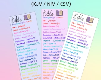 May include: Three colorful Bible Emergency Contacts bookmarks. Each bookmark features a list of Bible verses for various emotional struggles, such as fear, sadness, and anger. The text is in black, with the title in a bold, stylized font.