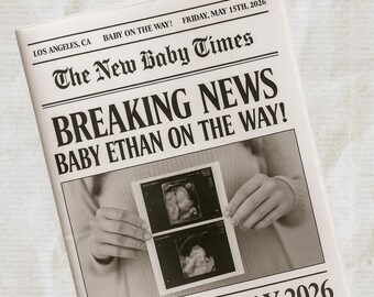 Newspaper Baby Announcement Template: Retro Pregnancy Reveal (Canva Editable, Digital Download)
