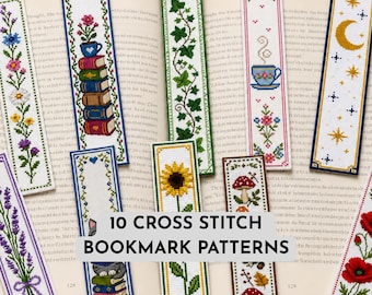 Conjunto de 10 patrones de punto de cruz para marcapáginas de amantes de los libros, patrón moderno de marcapáginas de punto de cruz, patrón de marcapáginas de gato para hacer tú mismo, bordado de descarga instantánea