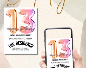 Faire-part 13e anniversaire Coquette : fête entre filles (téléchargement numérique)
