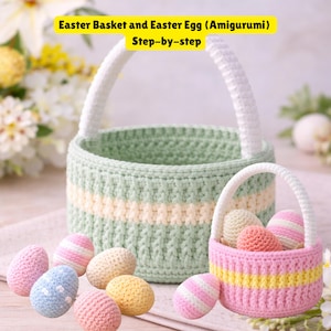 May include: Crocheted Easter basket and eggs in pastel shades. The larger basket is mint green with a white handle and a cream stripe. The smaller basket is pink with a yellow stripe. The eggs are pink, blue, and yellow.