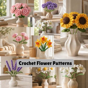 9 in 1 Crochet Flowers Pattern Bundle, Flowers Amigurumi Pattern, Crochet Flowers Set: Tulip, Sunflower, Camellia, Daffodil, Crochet Bouquet