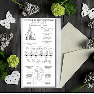 Könnte beinhalten: Eine schwarz-weiße Hochzeitseinladung mit einer Kirchenillustration, einem Zeitplan für den Hochzeitstag und einer Liste der Hochzeitsgesellschaft. Der Text lautet "Willkommen zur Hochzeit von Esmsmat Methy, 12. März 2026, Die Zeremonie, Der Zeitplan für den Hochzeitstag, Die Hochzeitsgesellschaft".