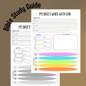 Könnte beinhalten: Zwei weiße Seiten eines Bibelstudienführers mit dem Text "Bible Study Guide" und "My Daily Walk With God". Die Seiten haben Abschnitte für Lieblingsverse, Wortstudium, wichtige Erkenntnisse und Querverweise. Die Seiten befinden sich auf einem braunen Hintergrund.