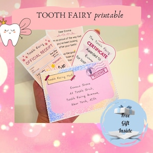 Mini set imprimible rosa del Hada de los Dientes con sobre, recibo y carta. Descarga instantánea. Set editable. Certificado del Hada de los Dientes.