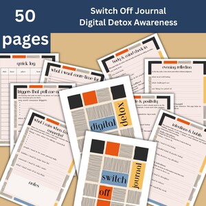 Könnte beinhalten: Eine Sammlung von digitalen Detox-Journalen mit jeweils 50 Seiten. Die Journale enthalten verschiedene Anregungen, darunter Schnellprotokolle, Reflexionen und Gewohnheitstracker. Die Umschläge haben ein Rasterdesign mit den Worten "digital detox" und "switch off".