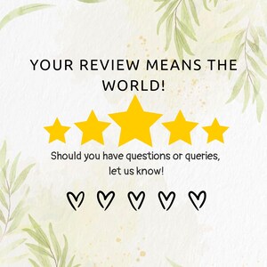 May include: A digital graphic with the text "YOUR REVIEW MEANS THE WORLD!" and "Should you have questions or queries, let us know!" Five yellow stars and five black hearts are also featured. Green leaf accents.