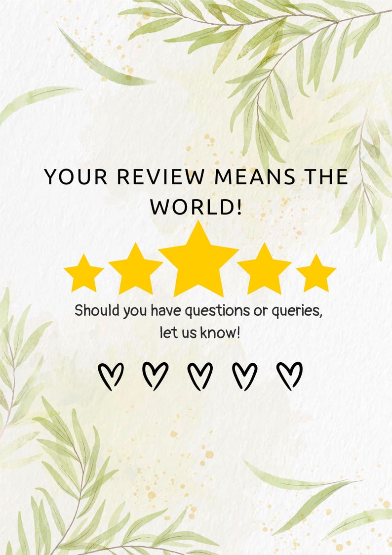 May include: A digital graphic with the text "YOUR REVIEW MEANS THE WORLD!" and "Should you have questions or queries, let us know!" Five yellow stars and five black hearts are also featured. Green leaf accents.