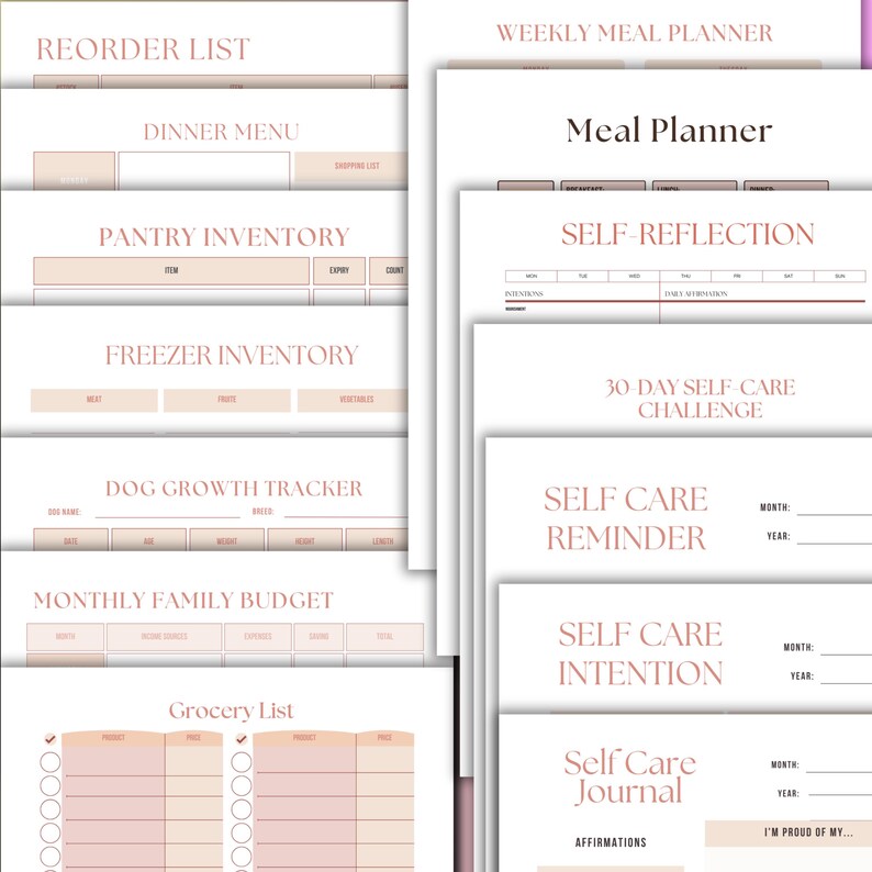 May include: A collection of printable planner pages with headings like "Reorder List," "Dinner Menu," and "Grocery List." The pages feature a soft pink and white color scheme. Other pages include "Meal Planner," "Self-Reflection," and "Self Care Journal."