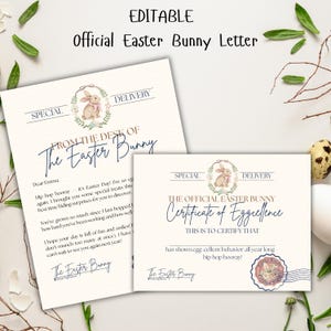 Könnte beinhalten: Bearbeitbares Osterhasen-Brief- und Zertifikat-Set. Der Brief lautet „Vom Schreibtisch des Osterhasen“ und enthält eine persönliche Nachricht. Das Zertifikat trägt den Titel „Certificate of Eggcellence“. Beide zeigen eine Hasenillustration.