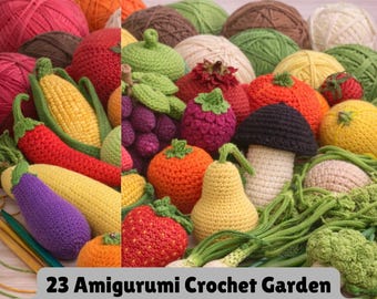 23 Set di frutta e verdura da giardino all'uncinetto Amigurumi, cibo giocattolo Amigurumi, modello di giocattolo frutta e verdura all'uncinetto, ravanello all'uncinetto