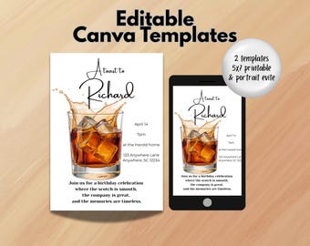 Whiskey Birthday Invitation Template: Scotch Theme, Editable Canva Design (Digital & Printable 5x7)