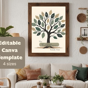 Op de afbeelding: Een ingelijste familiestamboomprint met een bruine houten lijst. De boom heeft groene en beige bladeren, met de familienaam "The Robertson Family Tree" onderaan. De woorden "Editable Canva Template" en "4 sizes" zijn zichtbaar.