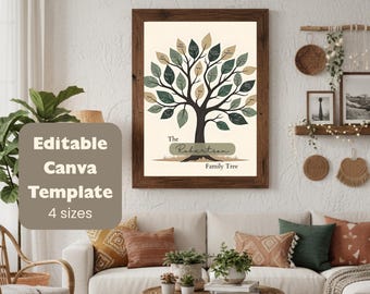 Bewerkbare stamboomsjabloon voor Canva | Moderne stamboom afdrukbare muurkunst | Genealogische kaart | 4 maten (8,5 x 11, 9 x 12, 12 x 16, 18 x 24)